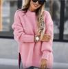 2025 Autumn/Winter Women's Chunky Knit Side-Slit Sweater: Semi-High Neck, Loose Fit, Solid Color, Long Sleeve.