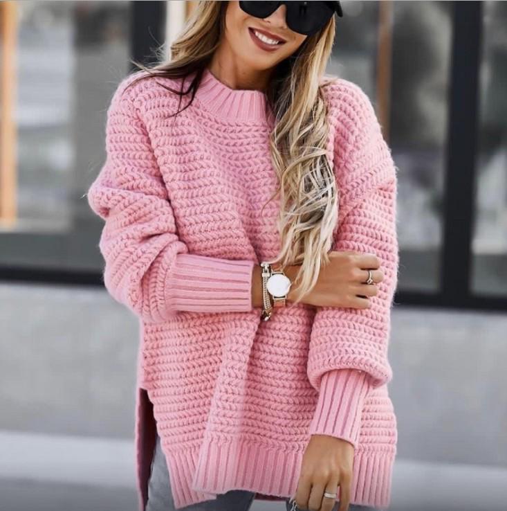 2025 Autumn/Winter Women's Chunky Knit Side-Slit Sweater: Semi-High Neck, Loose Fit, Solid Color, Long Sleeve.