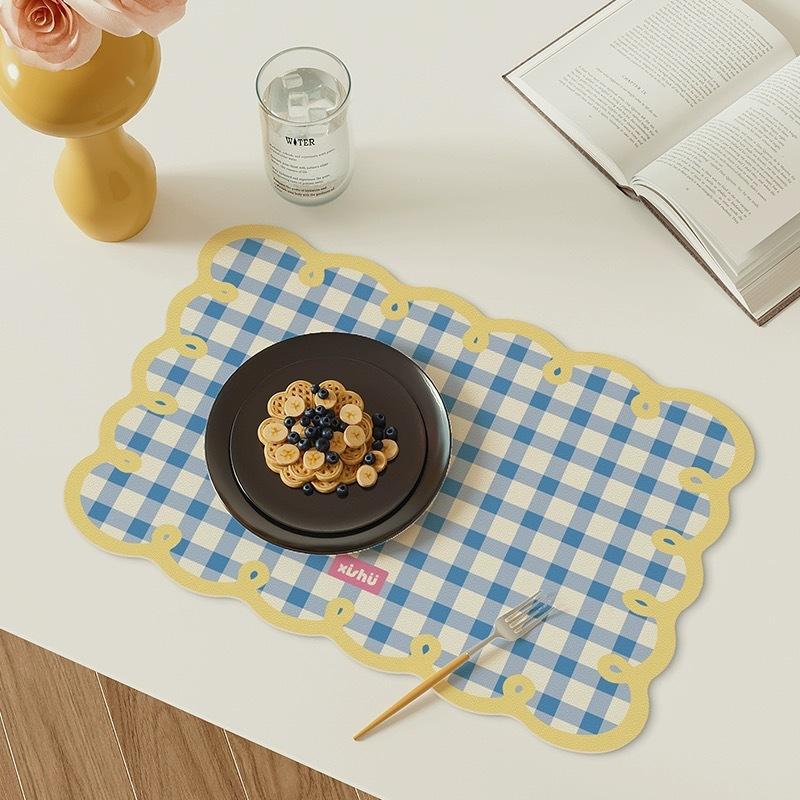 Checkered Frill Edge Placemat for Kitchen and Dining Table Decor Diatom Mud Kitchen Desktop Decoration