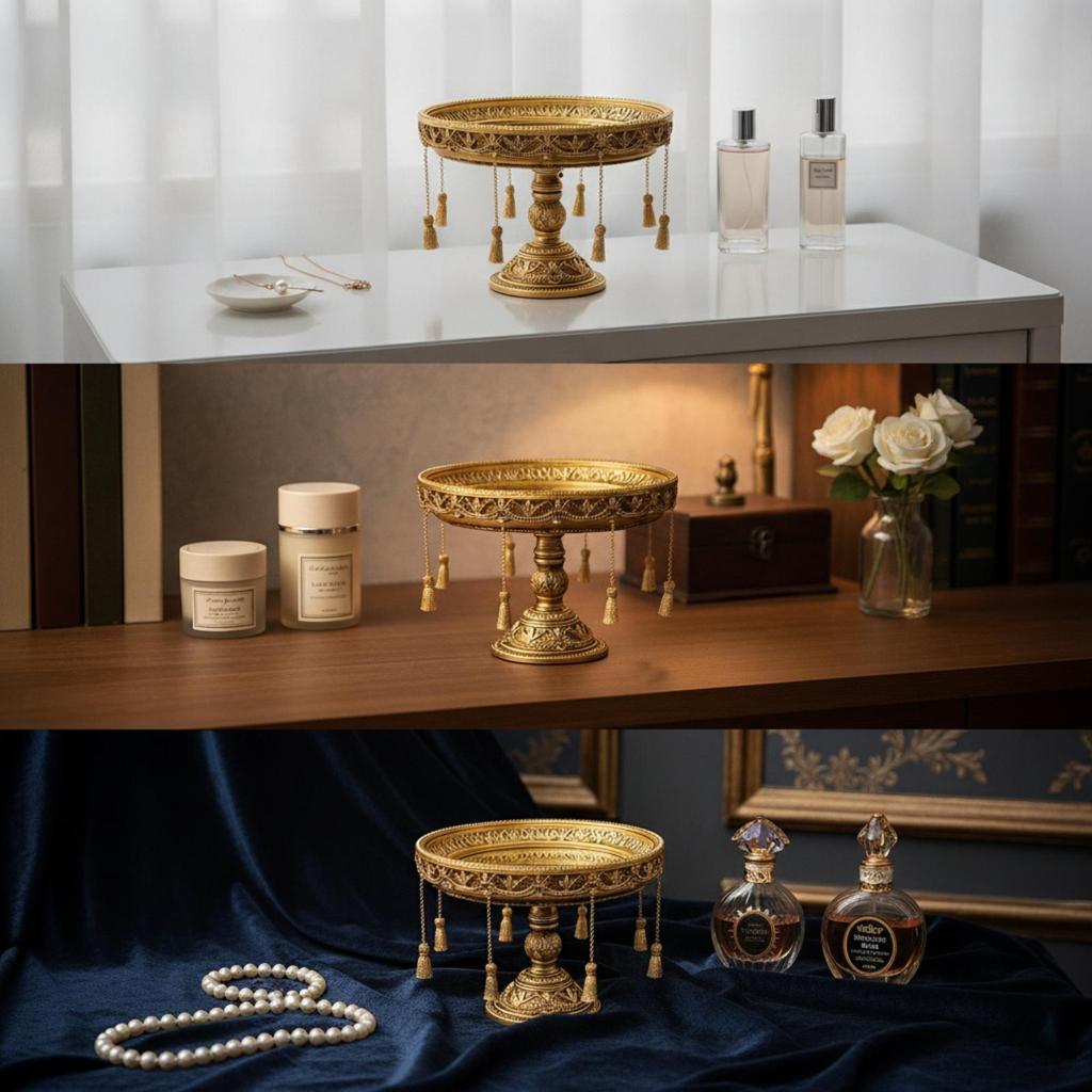 Mirrored Tray with Pedestal Toned Tassels VintageStyle Display Riser for