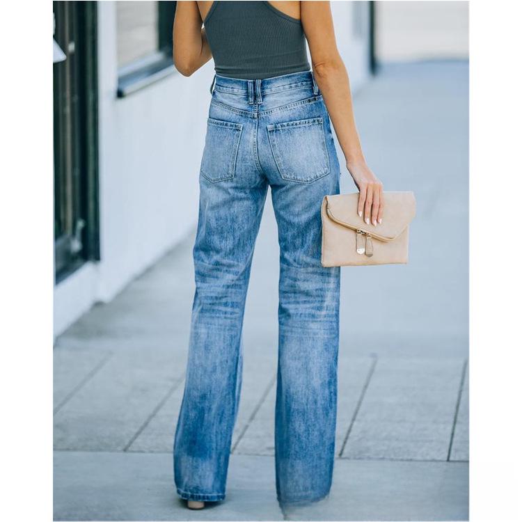Stylish Mid-Waist Ripped Denim Trousers for Women, Straight Leg Cut