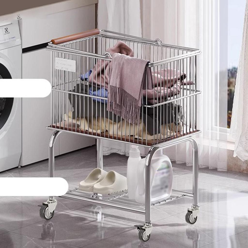 Movable Dirty Clothes Basket With Wheel Double-Layer Clothes Storage Trolley Storage Basket Bathroom Carbon Steel Clothes Basket