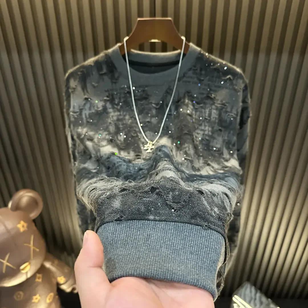 Мужская блестящая звездная бархатная толстовка - Модный осенне-зимний топ с длинным рукавом и разрывами 3XL