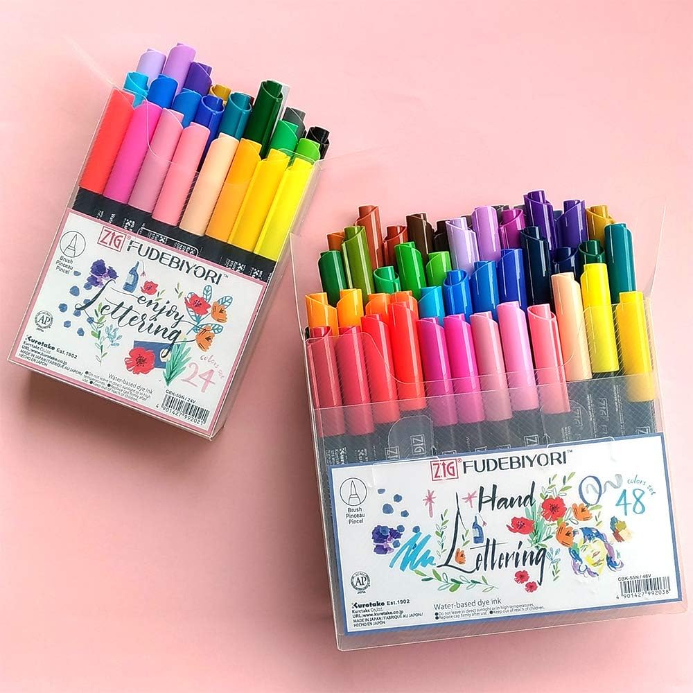 Caneta Pincel Kuretake ZIG FUDEBIYORI AP Flexível Pincel Duro Eficaz para Fino Grande Profissional Fabricado no Japão Conjunto de 24 Cores, Certificado, Sem Odor,