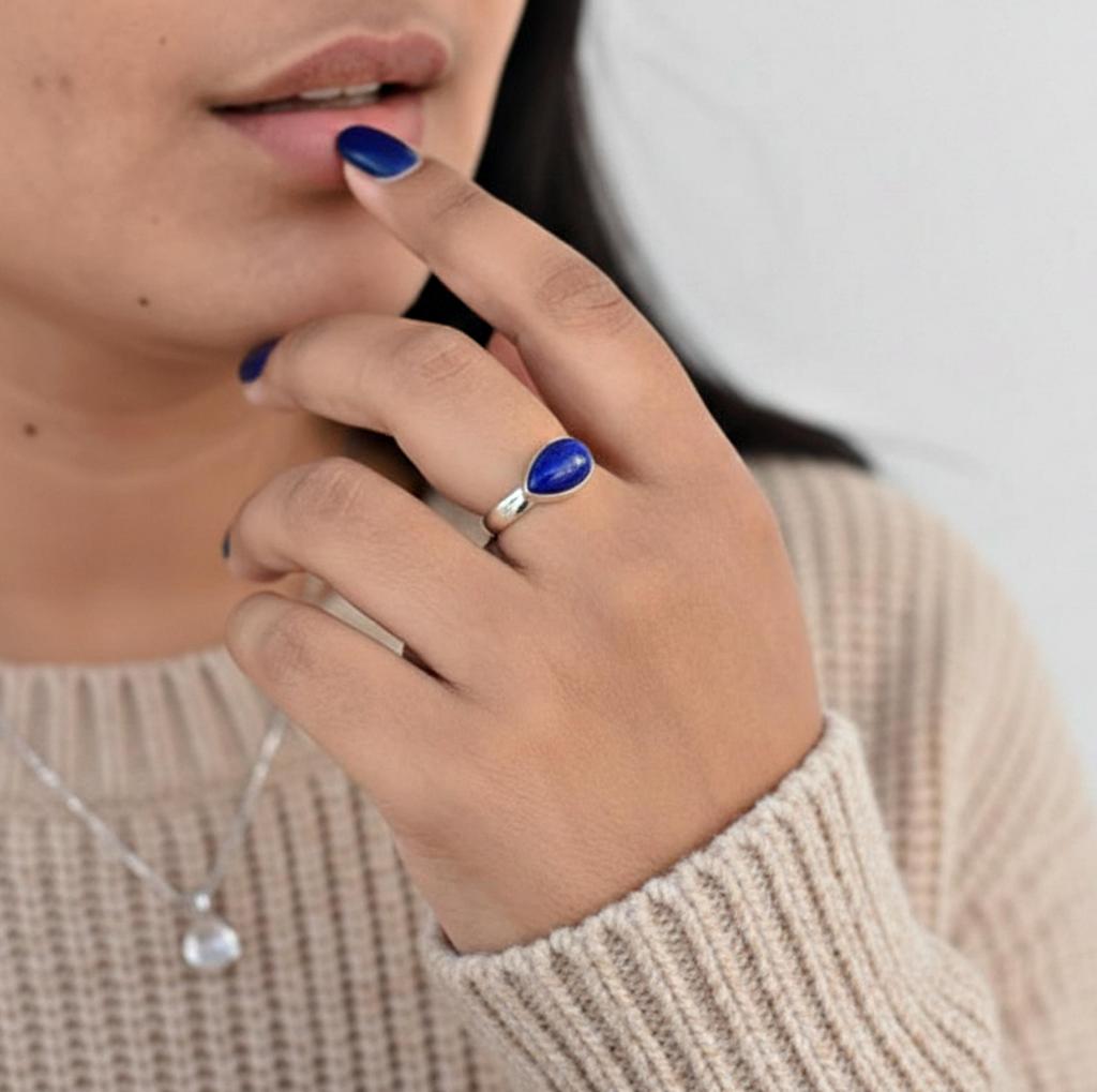 Natural Lapis Lazuli Ring In 925 Sterling Silver, Minimalist Boho Stacking Ring, Handmade Jewelry