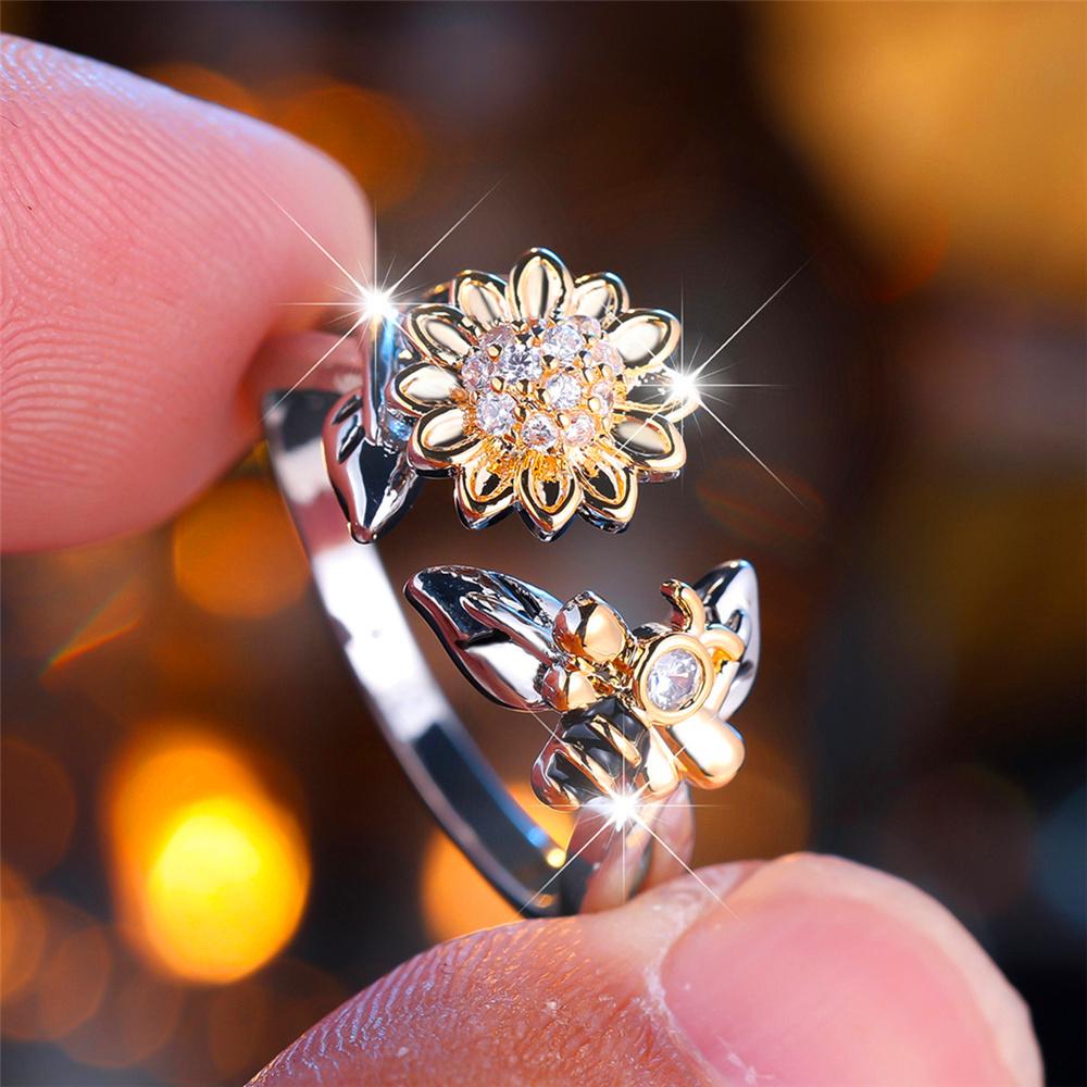 Charm Female White Crytal Adjustable Sunflower Bee Open Ring Silver Gold Color Cute Gift Wedding Jewelry For Women