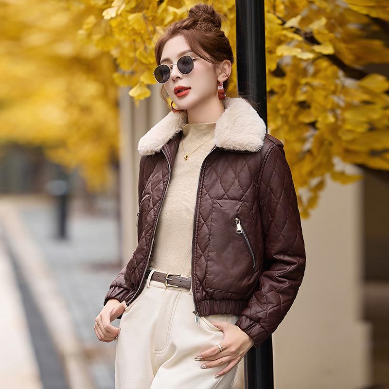 Women's Winter Korean Style PU Leather Coat with Fleece Lining and Fur Collar