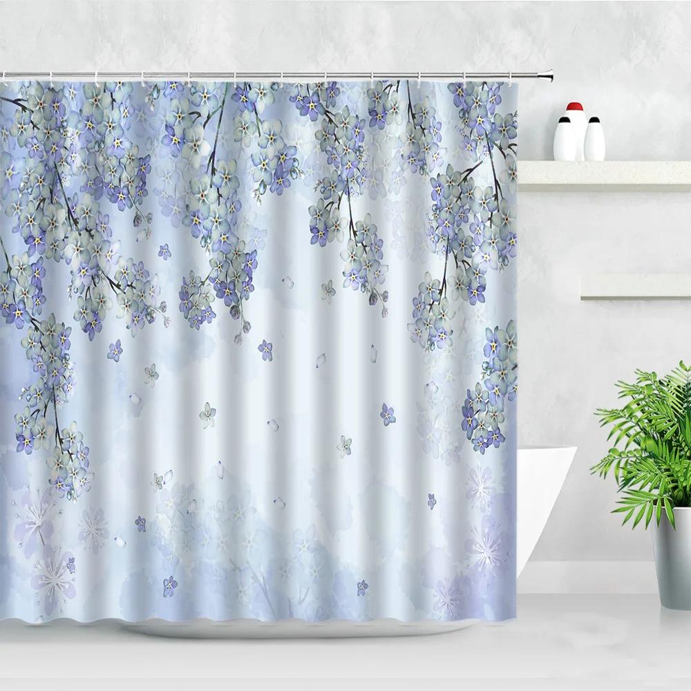 Purple Floral Shower Curtains Waterproof Bath Screen Wisteria Flower Butterfly Lavender Bathtub Decor Bathroom Curtain Baño