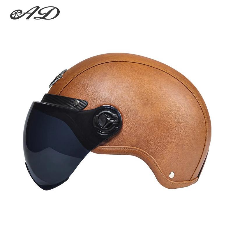 AD Retro Motorcycle Helmets with Harley Visor Leather Helmet for Man Electric Motorbike Vintage Protected Motor Safety Cap