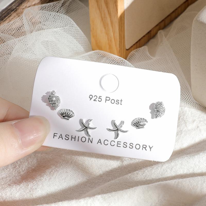 ANENJERY New Fashion Conch Starfish Shell Zircon Stud Earrings Set For Women Friend 6-piece Earrings Set Jewelry Gift S-E1209