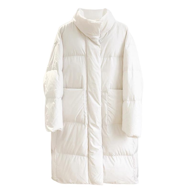 Stand-up collar medium and long down jacket women's 2024 winter new solid color large pocket thickened white duck down warm jacket tide