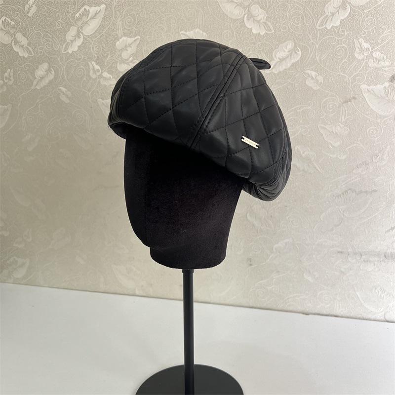 New rhombus beret children's socialite style light luxury leather painter hat splicing retro fashion trend