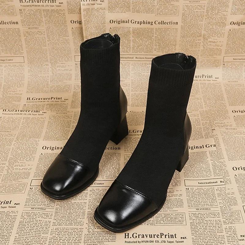 High Heels Ankle Boots Women Knitting Leather Shoes Fashion Square Toe Winter Shoes Woman 2024 Trend Pumps Chelsea Botas Mujer
