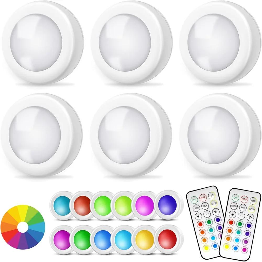 3/6Pcs RGBW LED Puck Night Lights Remote Control Dimmable Under Cabinet Light Battery Operated Wireless Push Lamp Kitchen Closet