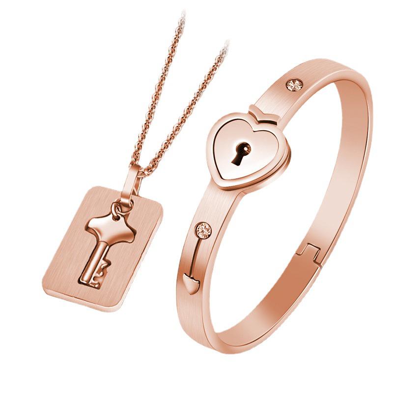 Set di Braccialetti con Lucchetto d'Amore Chiave per Coppia Creativa Transfrontaliera in Acciaio al Titanio