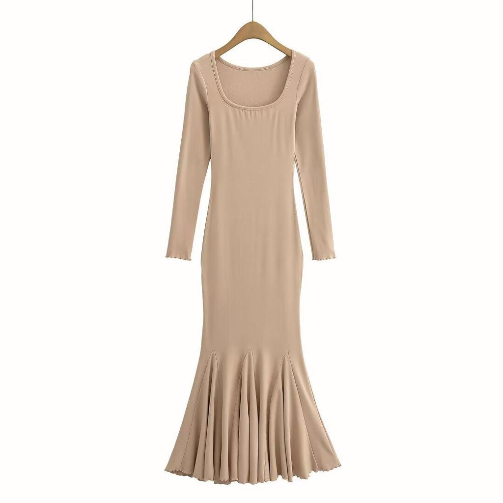 2025 quadratischer Halsausschnitt Fischschwanz-Kleid mit Fleece-Futter – Mehrfarbig, Langarm, Eleganter Stil für Pendeln und Verabredungen