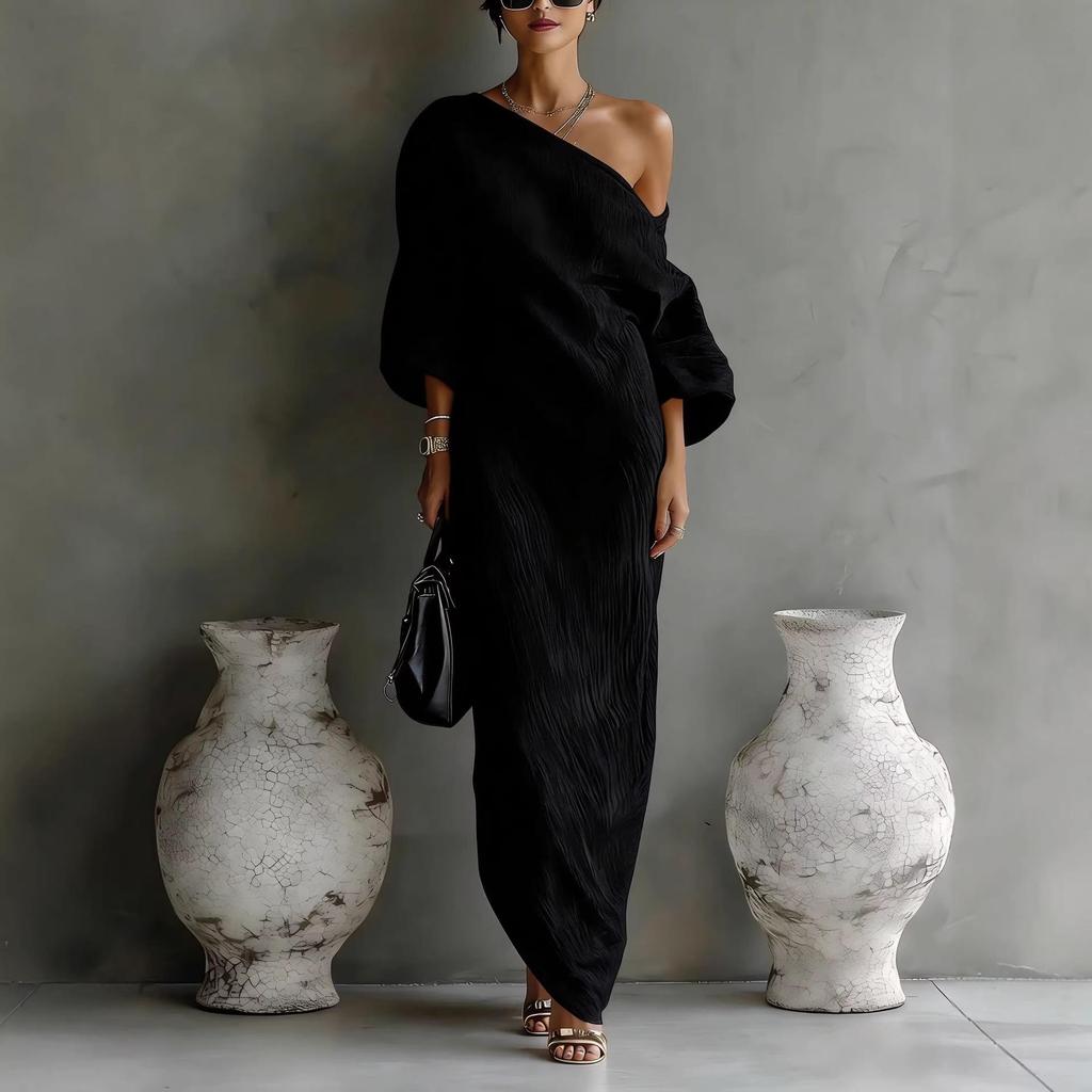 Spring/Summer 2026 Europe High-end Women's Long Sleeve Off-the-Shoulder Mid-Waist Pullover Dress