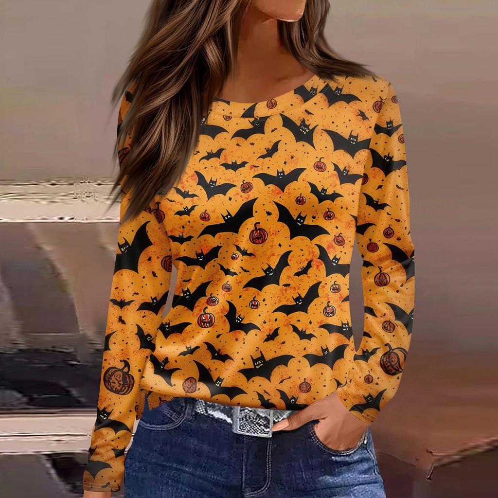 Damesmode Casual Split Zoom Ronde Hals Lange Mouw Los Halloween Bedrukt T-shirt Dames Top