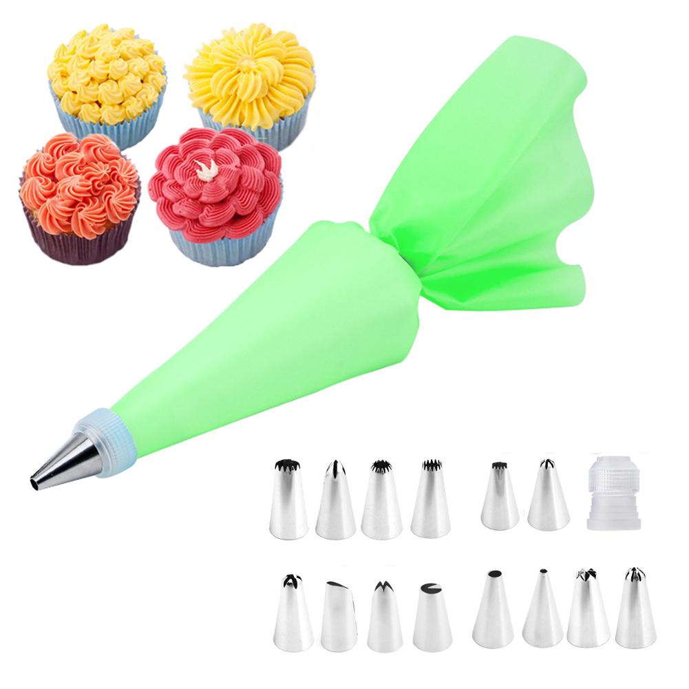 16 Pcs 430 Stainless Steel+PP+TPU Reusable Piping  Bag  Set With Piping Tip Converter Sustainable Professional Accessories For Cakes Baking