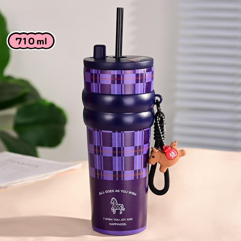 

High Quality 316 Stainless Steel Tumbler with Straw Lid Large Capacity Vacuum Insulated Travel Car Mug Cold Hot Thermos Bottles 700ml фіолетовий