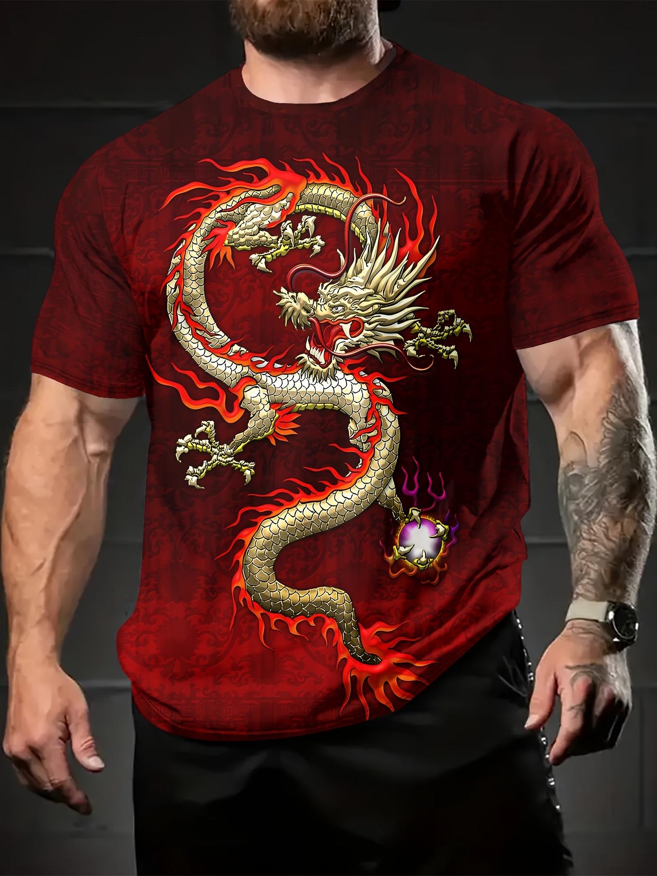 Men s Chinese Dragon Print Crew Neck T-Shirt Casual Summer Top 6XL