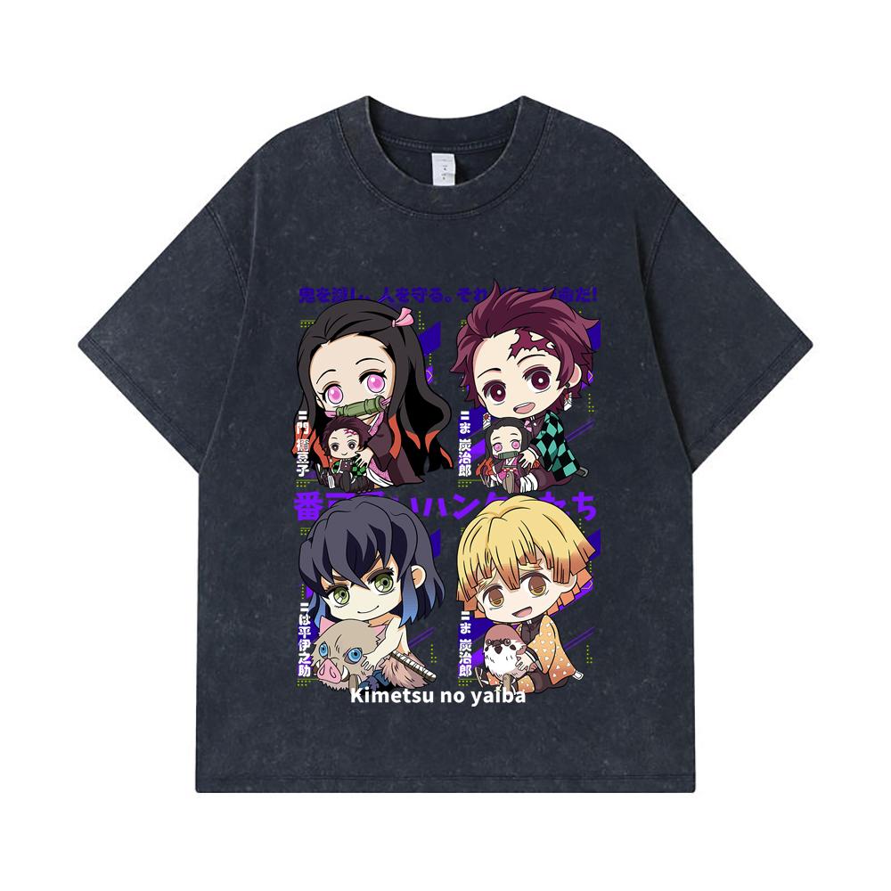 275 GSM Washed T-shirts 100% Cotton Demon Slayer V80 Hashiras Chibi Print Unisex Heavy Cotton T Shirt