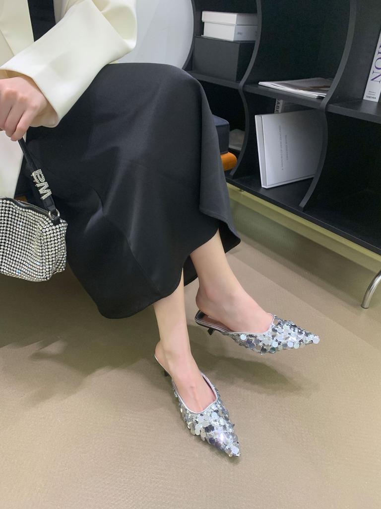 2025 Spring New Sweet Fish Scale Sequins Stiletto Niche Sandals Evening Mary Jane with Skirt Half Slippers