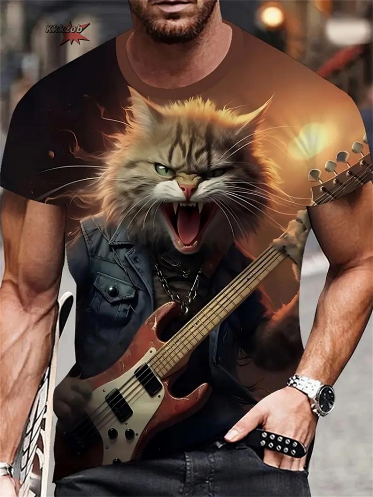 Men's 3D Samurai Cat Graphic Animal Printed T-Shirt Summer Fashion Casual Outdoor Round Neck Short Sleeved T-Shirts for Men