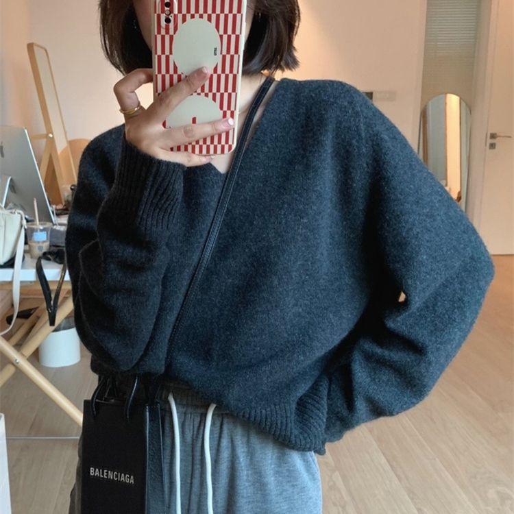 

Пуловер с V-образным вырезом Женский Свитер в непринужденном стиле Осень и Зима Вязаный свитер Корейский стиль Модный С длинным рукавом Повседневный Свободный пуловер L серый