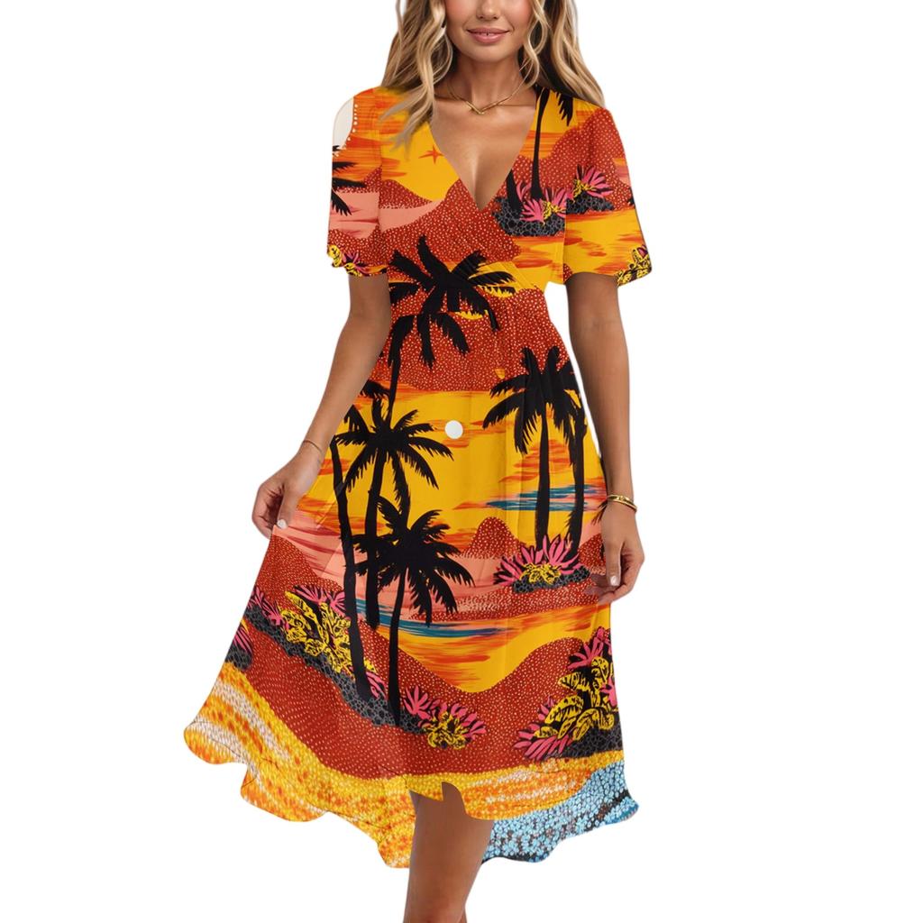 Women's Fashion Casual V Neck Short Sleeve Ruffled Vintage Printed Dresses