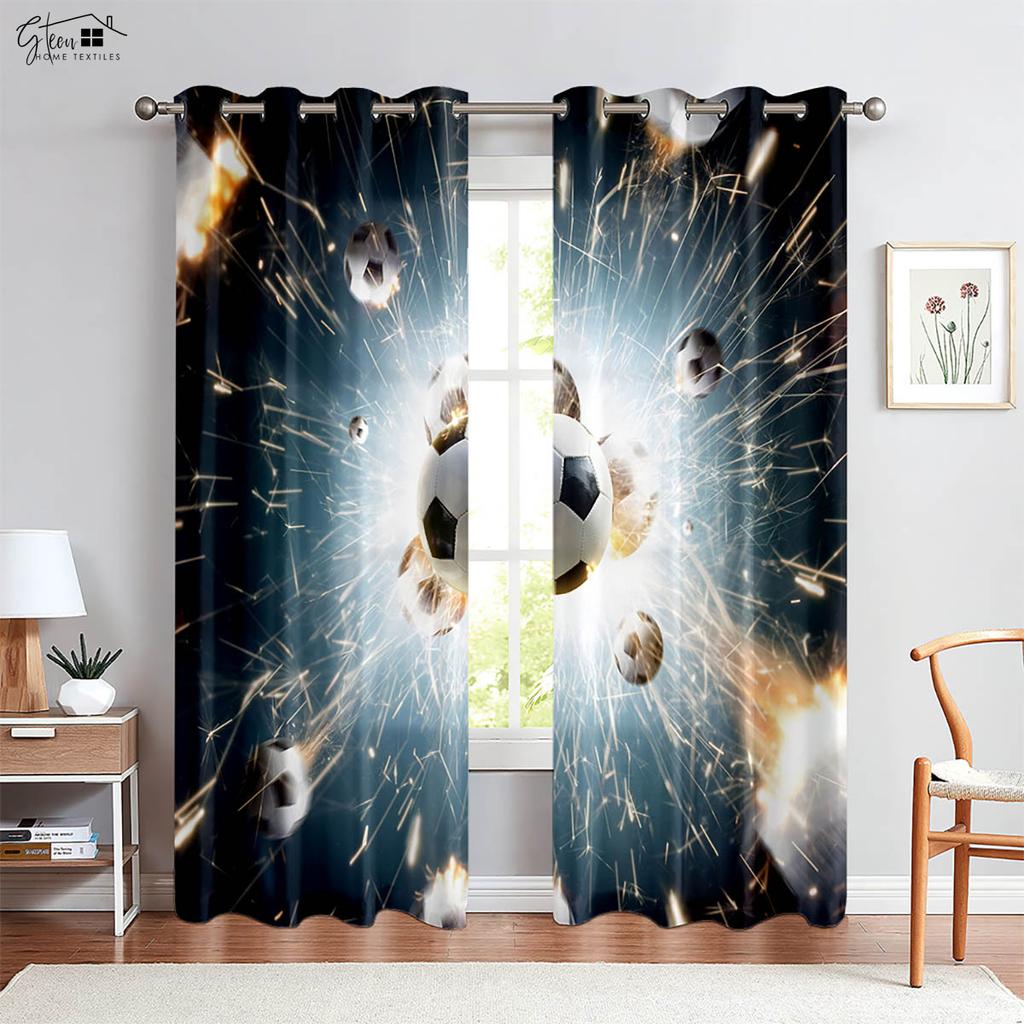 Cooles Wasser und Feuer Fußball Heißblütig 3D-gedruckte Vorhänge Geeignet für Schlafzimmer Wohnzimmer E-Sports Dekorative Vorhänge 2 Stück