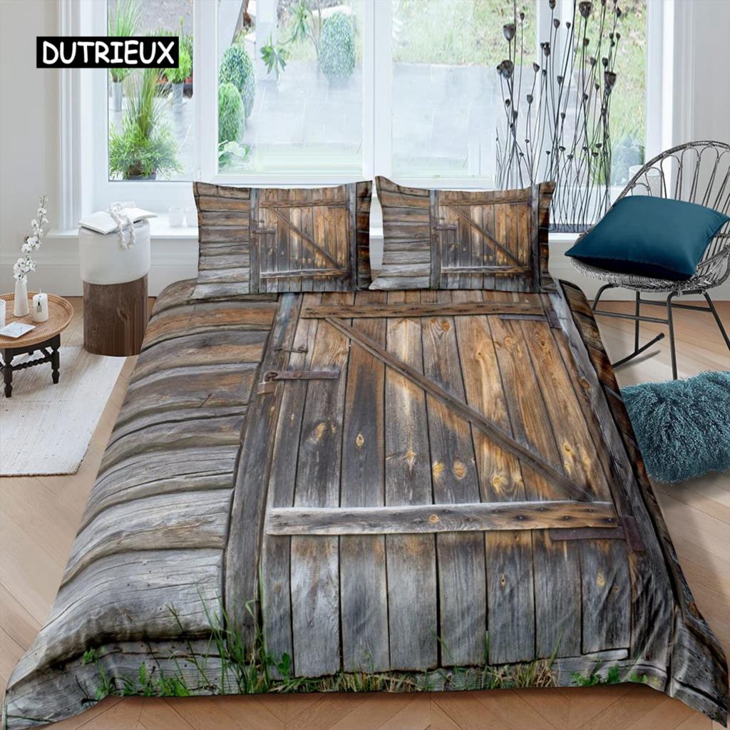 Set Copripiumino Porta Fienile in Legno Misura King Occidentale Set Biancheria da Letto Rustico Asse di Legno Stile Fattoria Country Poliestere