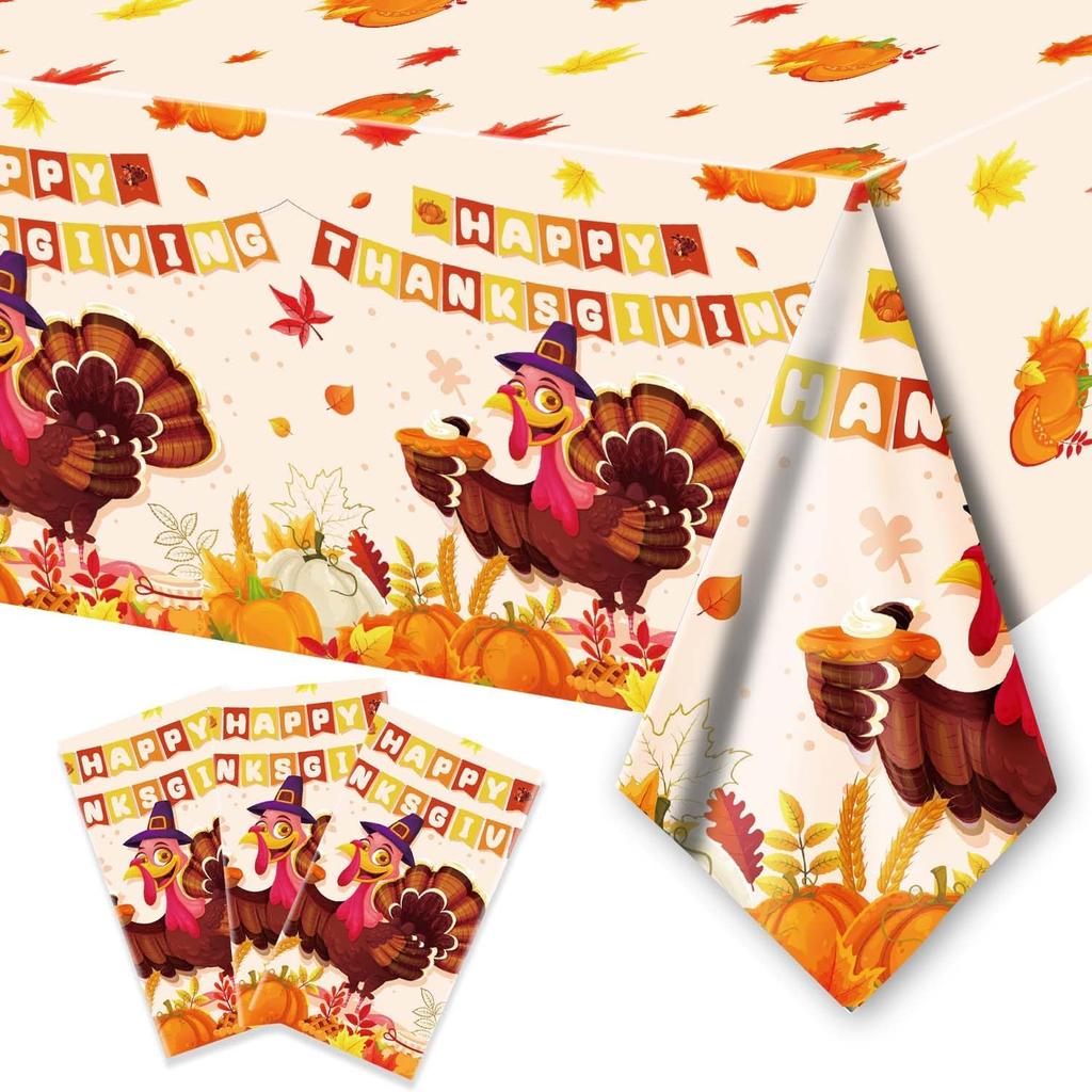 1 Pack Thanksgiving Fall Tablecloth Disposable - 108" × 54", Fall Table Cloth Autumn Harvest Turkey Pumpkin Leaves Tablecover Plastic Rectangle