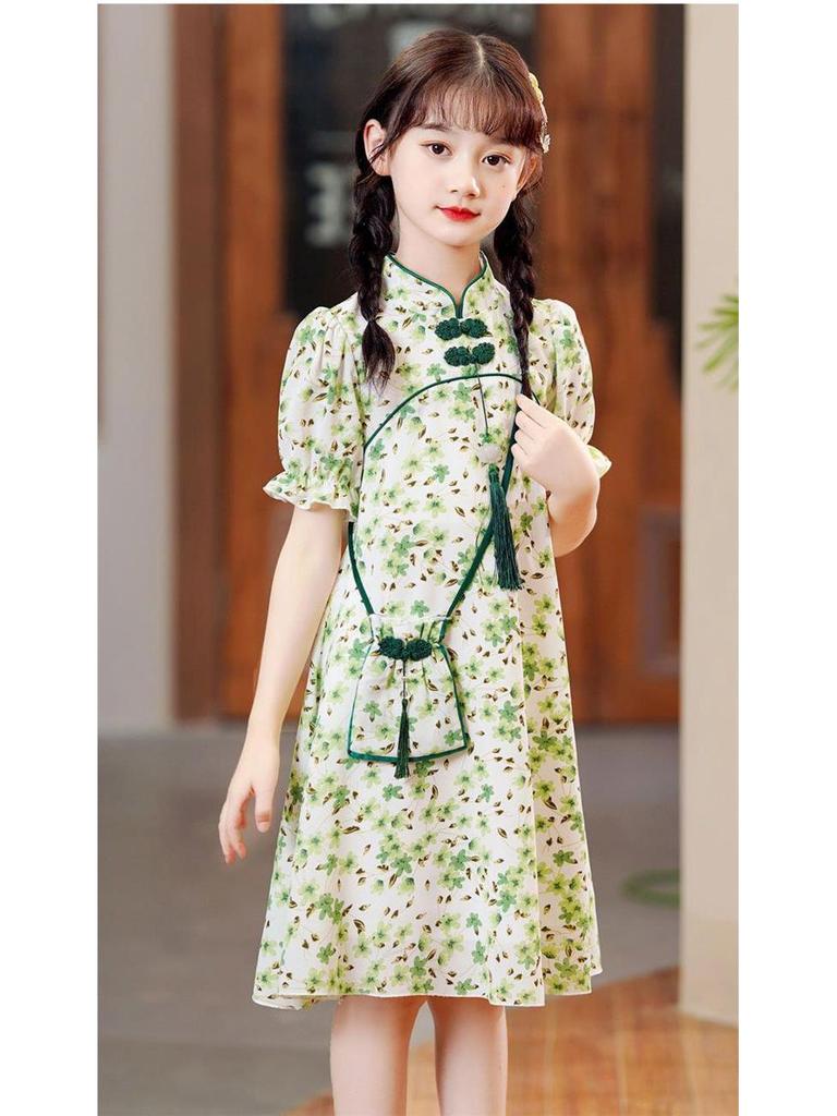 Girls' Summer Floral Cheongsam Princess Dress - Chinese Hanfu Style