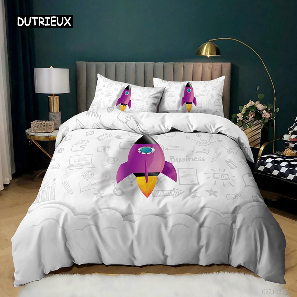 3D Rocket Duvet Cover Set Twin Size Microfiber Space Shuttle Galaxies Bedding Set for Kids Teens Boys Cartoon Style Quilt Cover