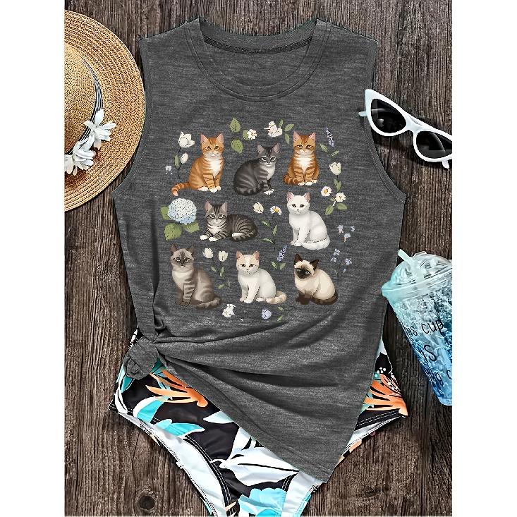 Elegant Vest for Women Multi-pattern cat and floral print casual loose summer tank top Fashionable and soothing cute pet-themed tops for commuting,