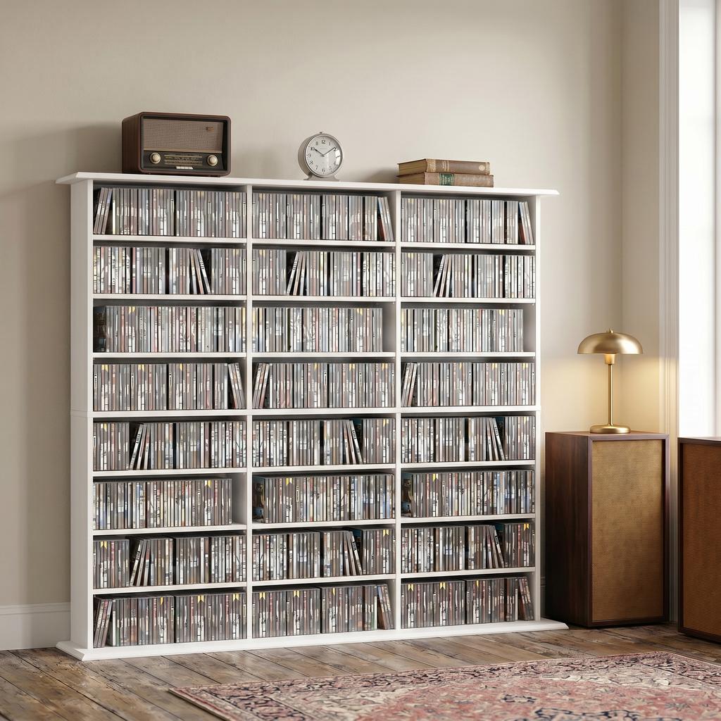 Multimedia Storage Shelf for 1032 CDs / 594 DVDs, 24 Compartments, 18 Adjustable Shelves, White