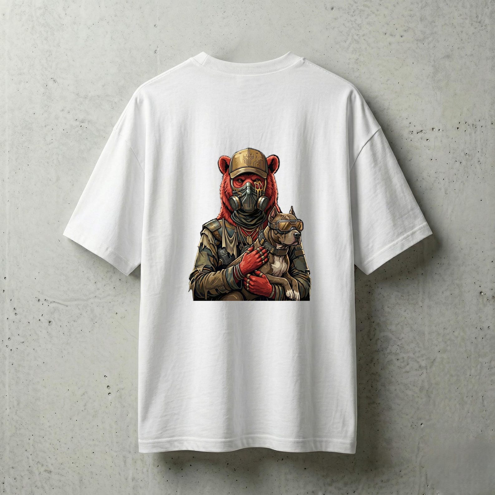 Cyberpunk Bear & Pitbull Gas Mask T-Shirt Design PNG | Post Apocalyptic Techwear Graphic | Streetwear DTF Transfer 2XL