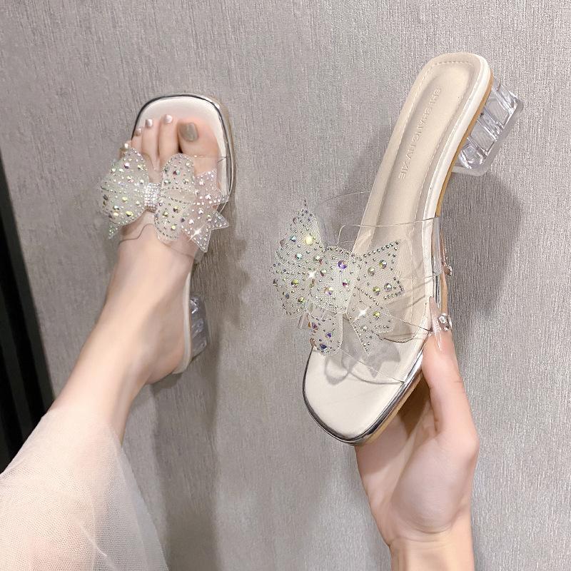 Thick heel transparent outer slippers fairy wind 2025 summer new Internet celebrity pearl bow high heel one-word