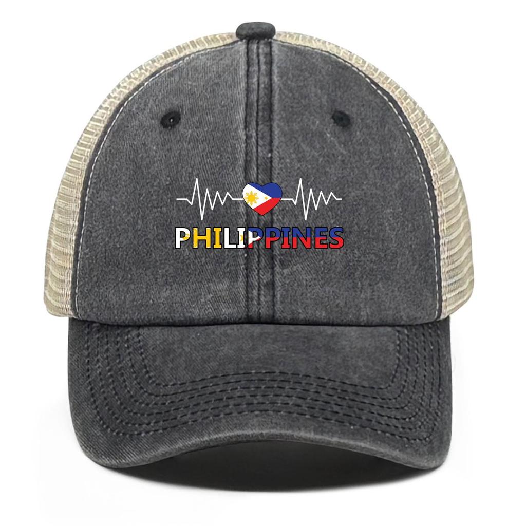 Heart Waves Philippine Flag Print Adjustable Mesh Cap, Patriotic Flat Cap Stylish Vintage-Inspired Polyester Slouchy Snapback Sun Hat