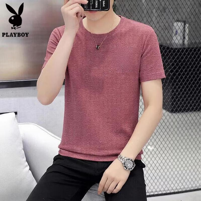 PLAYBOY Men s Solid Color Round Neck Short Sleeve T-Shirt L