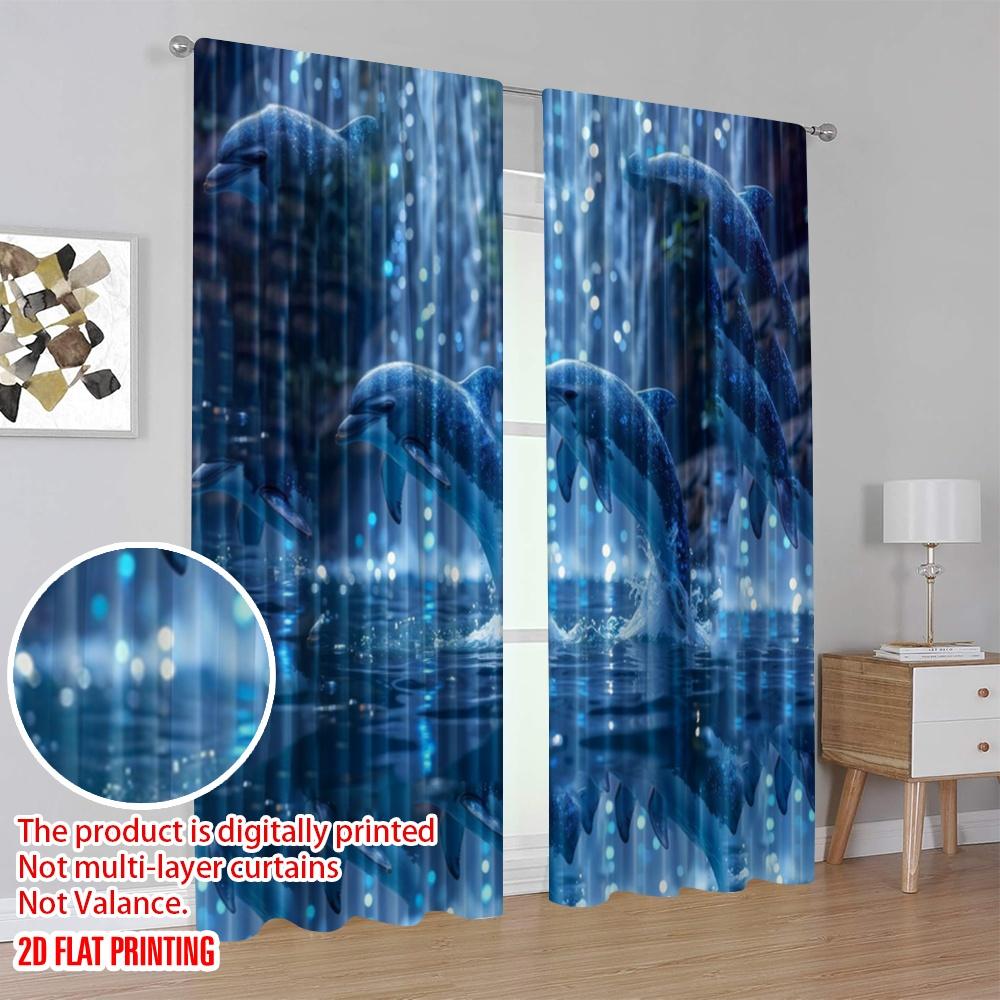 2pcs,2D Plane Printing Curtain Popular Dolphin Illusion Versatile Durable Polyester (without Rod) Decorations Outdoor Perfect
