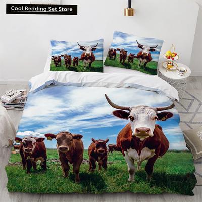 Juego de Cama King Queen con Patrón de Rebaño de Vacas Animal de Granja Toro de las Tierras Altas Funda Nórdica Cubierta de Edredón de Ganado Lechero Poliéster Cubierta de Edredón