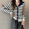 Navy Neck Striped Knitted Cardigan for Women, New Spring and Autumn Style V-neck Thin Long-sleeved Jacket with Contrasting Colors