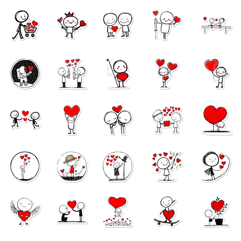 New 50 Red Love Lines Little Man Stickers Cute Healing DIY Hand Account Computer Notebook Stickers