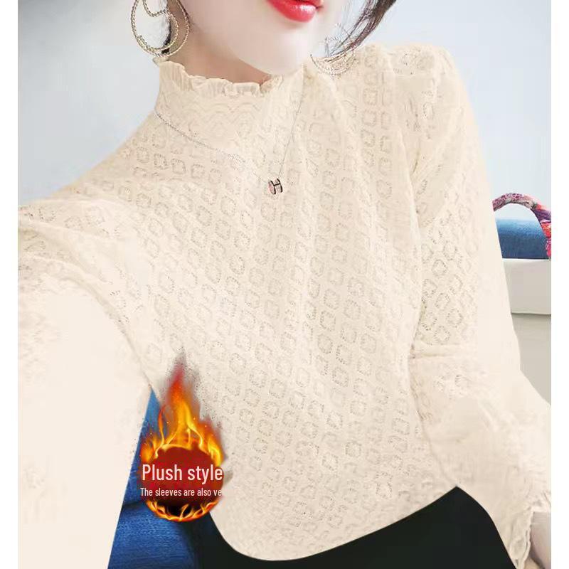 

Осенний топ из бархатного кружева с полувысоким воротом и длинными рукавами XXL [Recommended 125-140 lbs]