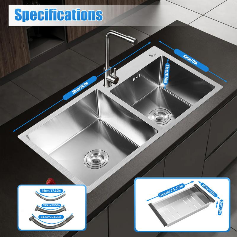Lavello da Cucina Doppio Vasca Acciaio Inossidabile Incasso Riduzione del Rumore Drenaggio Efficiente Anti-Condensa Facile da Pulire