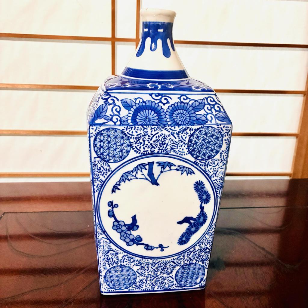Vintage Blue White Porcelain Square Vase Bottle Floral Oriental Decor
