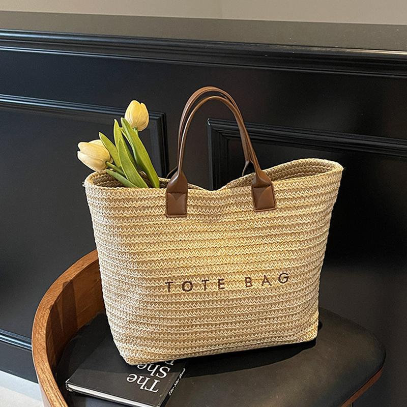 Women Straw Tote Handbag Large Capacity Crochet Beach Shoulder Bag Solid Color Weaving Travel Ladies Summer Daily Bag CLE