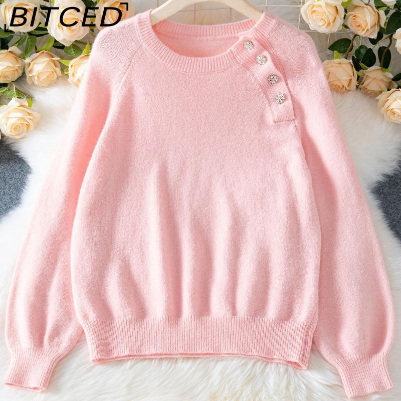 

BITCED Autumn/Winter Solid-Colour Raglan-Sleeve Knitwear Elegant O-Neck Button-Front Women s Knit Top XL розовый